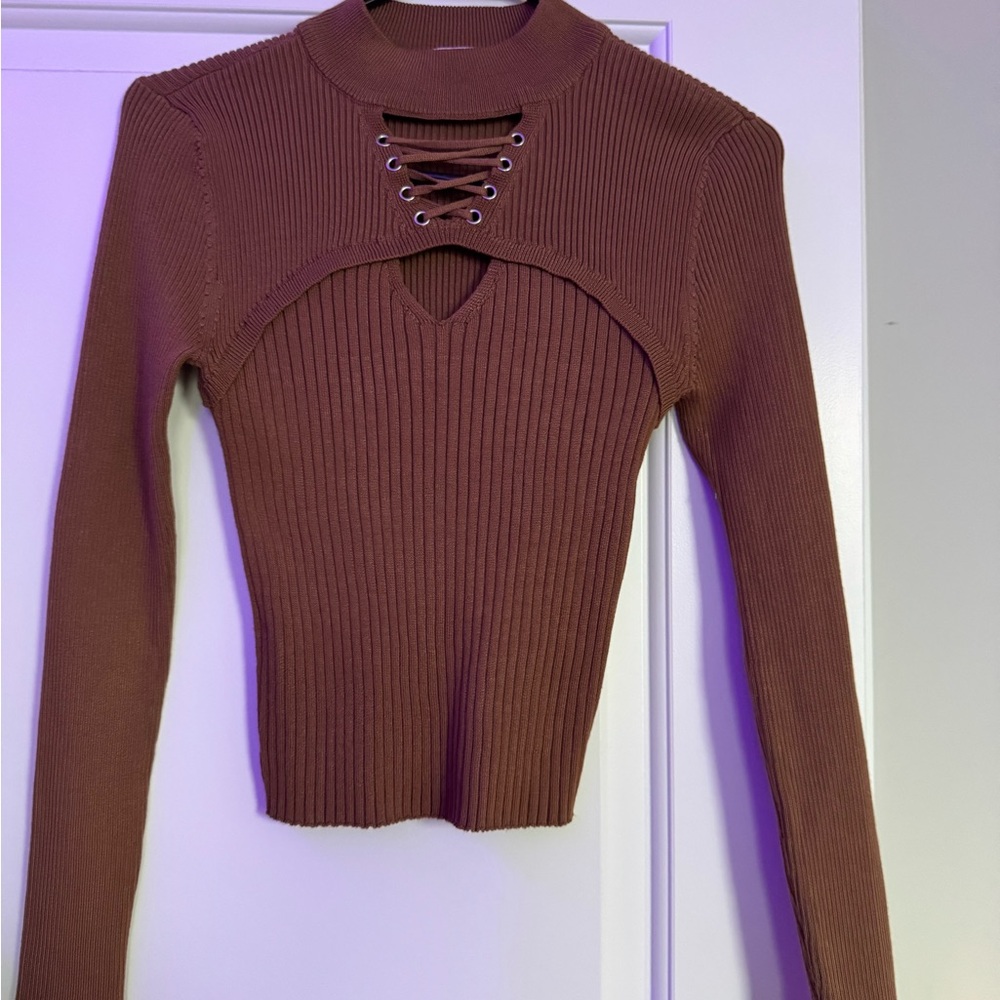 No Boundaries Brown Lace Up Ribbed Cut Out Design